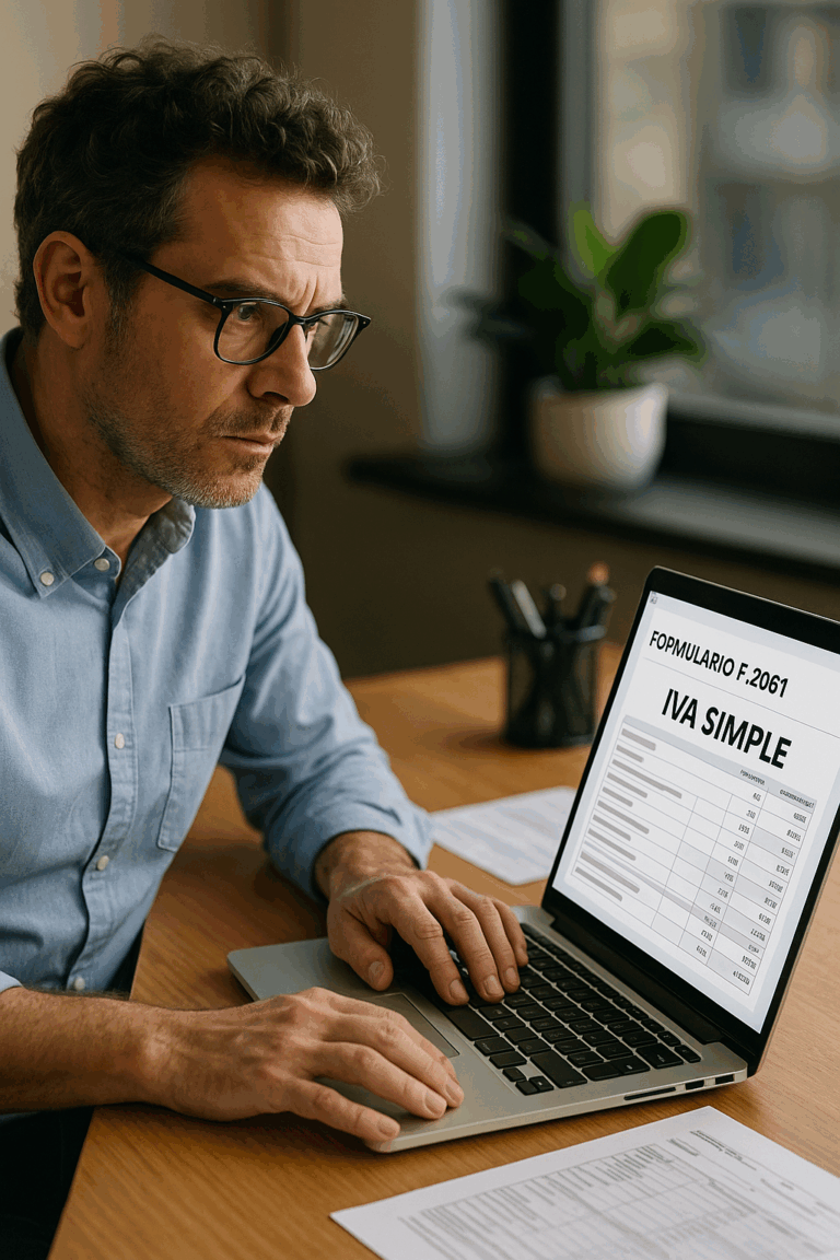 Representación visual de la digitalización de impuestos: un profesional gestionando un formulario "IVA SIMPLE" en una laptop, simbolizando eficiencia y modernización.