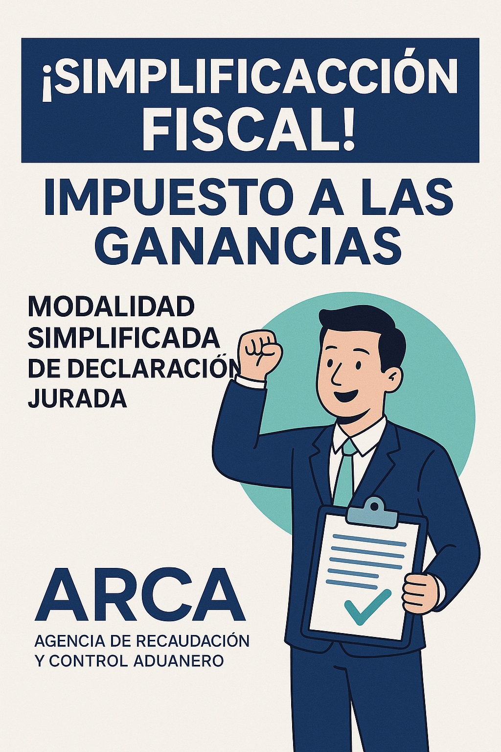 Simplificacion fiscal argentina - Ilustración de hombre sonriente y documentos con marcas de verificación, simbolizando la simplificación del Impuesto a las Ganancias por ARCA