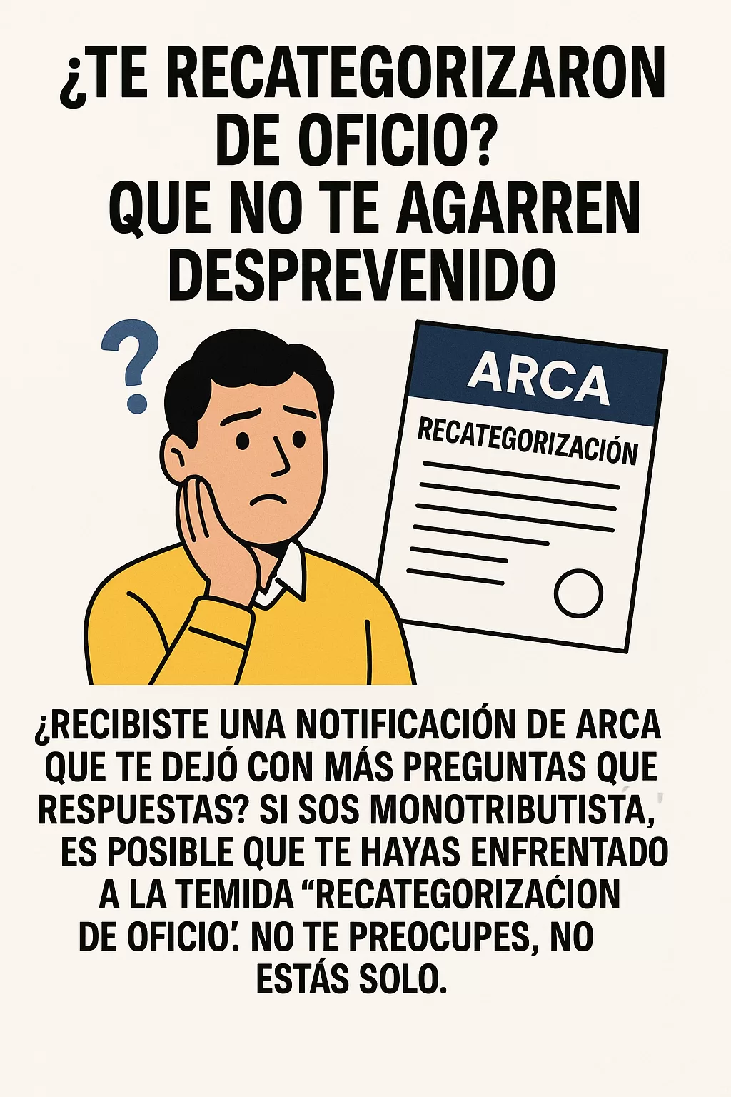Ilustración de monotributista confundido con notificación de recategorización de ARCA.