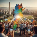 Ilustración de personas colaborando para construir un mapa de Argentina con piezas de rompecabezas, representando el Crowdfunding en Argentina.