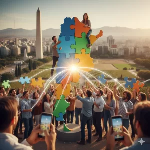 Ilustración de personas colaborando para construir un mapa de Argentina con piezas de rompecabezas, representando el Crowdfunding en Argentina.