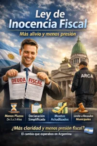 Imagen representativa de la Ley de Inocencia Fiscal en Argentina: un contribuyente rompe un documento de deuda fiscal frente al Congreso Nacional, simbolizando alivio impositivo, reducción de plazos, declaraciones juradas simplificadas y mayor seguridad jurídica para pymes y contribuyentes cumplidores.