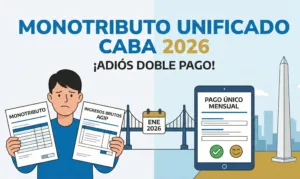 Ilustración comparativa: A la izquierda, un contribuyente agobiado con dos boletas separadas (Monotributo y Ingresos Brutos AGIP). A la derecha, una tablet mostrando el "Pago Único Mensual" del Monotributo Unificado CABA 2026, con el Obelisco de fondo.